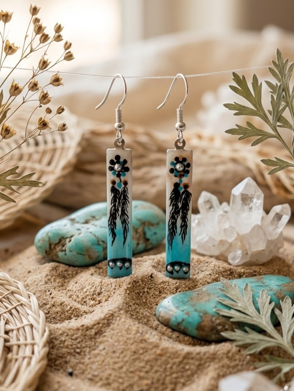 Hand-Painted Turquoise Feather Bar Drop Earrings - Women Jewelry